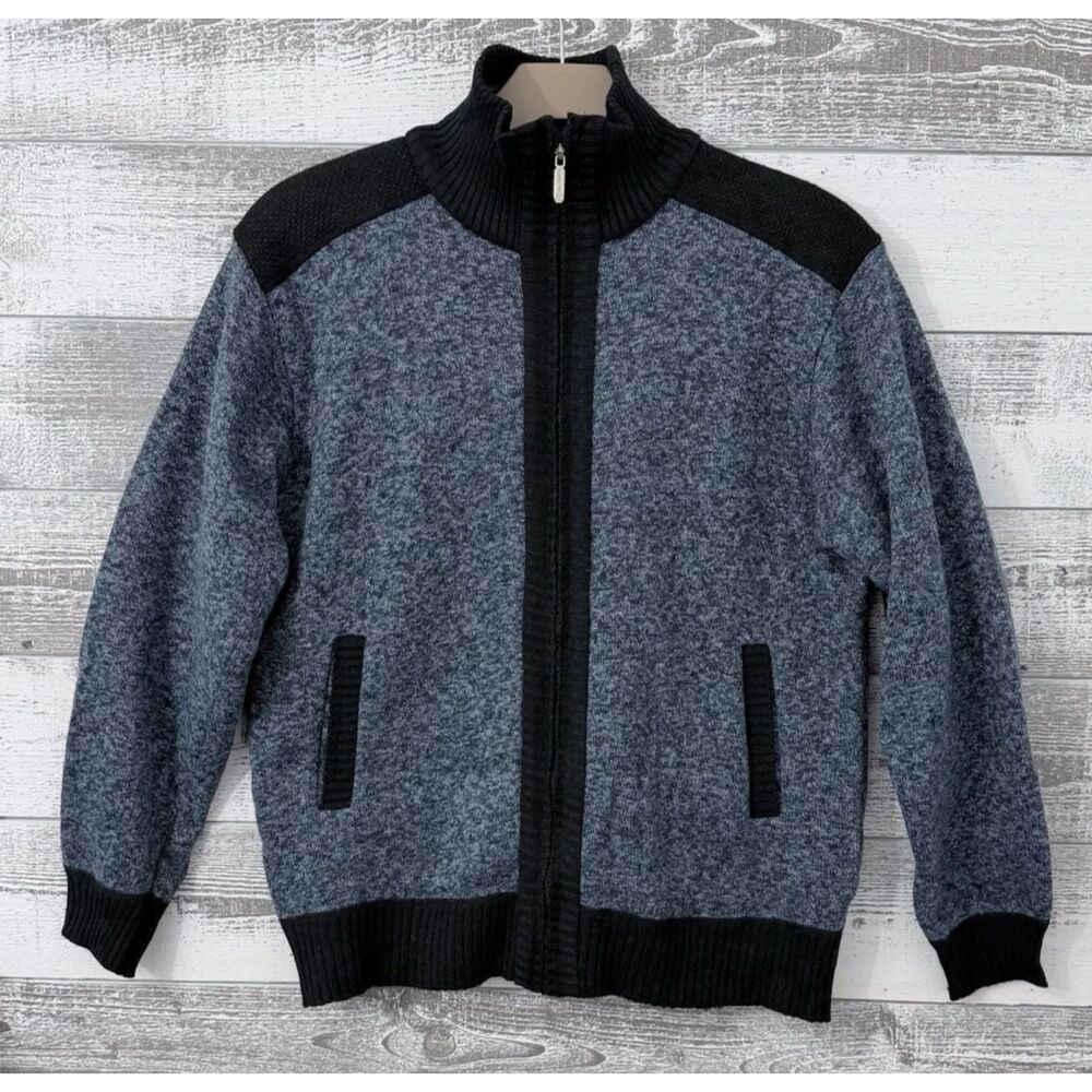 YeoKou Cardigan Blue Full Zip Cashmere/Wool/Cotton Blend Plaid Lined Men's Large